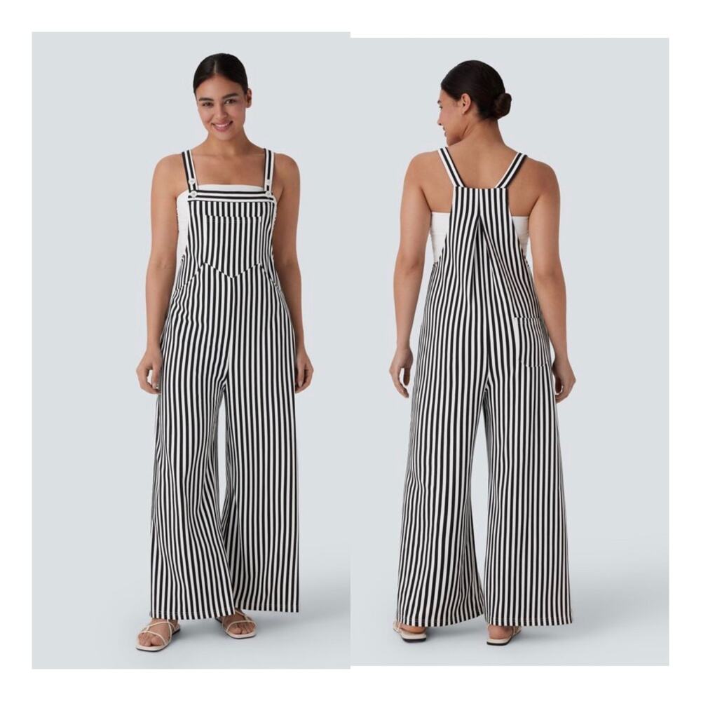 NWT Halara Black and White Stripe Waffle Overalls Wide Leg Size XL Regular